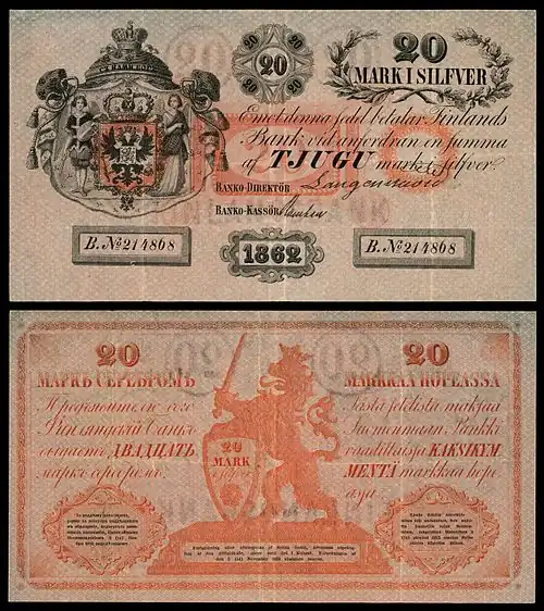 Image 6 Finnish markka Banknote credit: Bank of Finland; photographed by Andrew Shiva The Finnish markka was the currency of Finland from 1860 to 2002. The currency was divided into 100 pennies and was first introduced by the Bank of Finland to replace the Russian ruble at a rate of four markkaa to one ruble. The markka was replaced by the euro on 1&nbsp;January&nbsp;2002 and ceased to be legal tender on 28&nbsp;February later that year. This picture shows a 20-markka banknote issued in 1862, as part of the first issue of markka banknotes (1860 to 1862), for the Grand Duchy of Finland, then an autonomous part of the Russian Empire; 1862 was also the first year of issue for this particular denomination. The banknote's obverse depicts the coat of arms of Finland on a Russian double-headed eagle, and was personally signed by the director and the cashier of the Bank of Finland. The text on the obverse is in Swedish, whereas the reverse is primarily in Russian and Finnish. More featured pictures