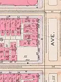 A 1916 map showing the vacant northwest corner of Park Avenue and 93rd Street, after demolition of the Ursuline Academy's school buildings, but before construction of the Francis F. Palmer House.