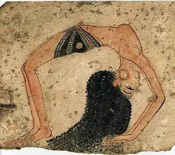Ancient Egyptian depiction of topless dancer with elaborate hairstyle and hoop earrings in gymnastic backbend, on ostrakon (potsherd).