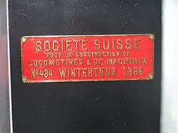 Builder's plate of Societe Suisse locomotive No 434 of 1886 at the Finnish Railway Museum.