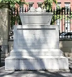 The Firemen's Memorial (1834), a marble sarcophagus commemorating two men of Eagle Fire Company #13 who died on their first day of duty when a building fell on them.[7]