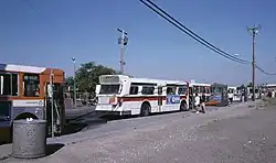 Four buses are parked at the first Beaverton Transit Center as passengers board them
