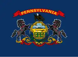 2009 proposal, adding the word "Pennsylvania" in yellow silk "centered within a symmetrical red festoon, similar to that containing the State motto; and the festoon to be centered above the bald eagle on the coat of arms."