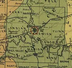 An 1890 map of Lawrence County, Indiana, depicting Flinn Township (far right, center)