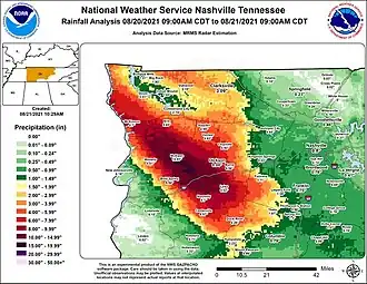 A map showing rainfall totals over the area affected by flooding.