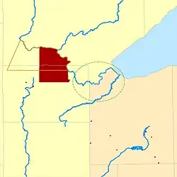 Fond du Lac Indian Reservation. (1854–1858 reservation shown in orange outline. 1858–present reservation shown in dark red.) Original core Fond du Lac Band area closer to the mouth of the Saint Louis River before relocation to the reservation shown in green.