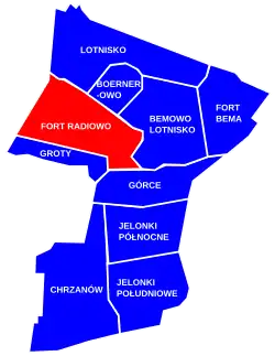 The location of the City Information System area of Fort Radiowo within the district of Bemowo