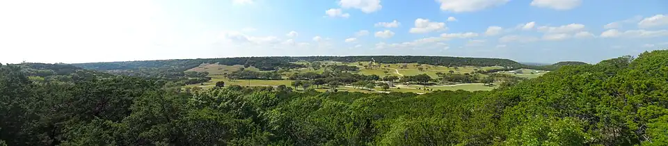 Panorama of Fossil Rim Wildlife Center, taken from The Overlook Cafe balcony