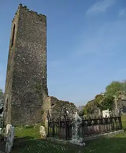 Fr. Sheehy's fenced grave at Shanrahan cemetery with ruined church tower in background.