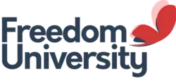 Freedom University with a red butterfly in the upper right-hand corner