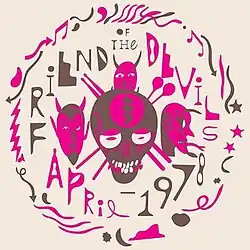 A skull with crossed drumsticks, and the heads of three devils