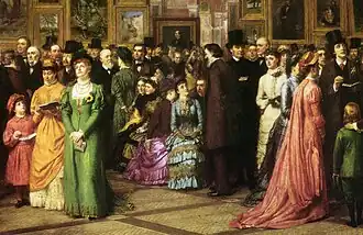 William Powell Frith's painting of 1883 contrasts women's Aesthetic dress (left and right) with fashionable attire (center).