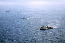 From top left, the guided missile destroyer USS&nbsp;John S. McCain&nbsp;(DDG-56); the Philippine frigates BRP&nbsp;Gregorio del Pilar&nbsp;(FF-15) and BRP&nbsp;Ramon Alcaraz&nbsp;(FF-16); and the amphibious dock landing ship USS&nbsp;Ashland&nbsp;(LSD-48) while in formation during CARAT Philippines 2014.