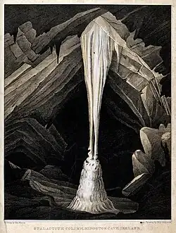A black and white print from etching. A white column, wider at top and bottom and narrower in the centre, bisects a roughly circular cave passage, which gets darker into the distance.