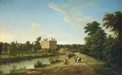 View of Dunton Hall, Lincolnshire, 1739, possibly the earliest image of a Plot Elm (centre).[4]