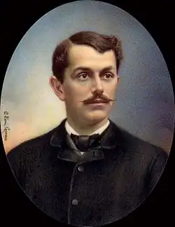 Painted portrait of mustachioed man with in a black coat and bow-tie