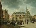 This painting by Gerrit Adriaensz Berckheyde in 1671 shows the 17th-century situation that the 18th century engraving was based on.