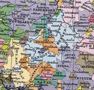 Medieval division of Hesse (sky blue),  1400. Upper Hesse is the more southerly territory.