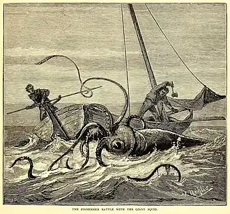 #29 (26/10/1873) Victor Nehlig's 1881 impression of fisherman Theophilus Picot's encounter with a giant squid off Portugal Cove, Newfoundland, on 26 October 1873 (Rathbun, 1881:267, fig.; compare similar illustration by W. A. Cranston, another by Charles Livingston Bull, and this cover by Quinto Cenni)