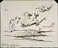 Drawing by Forbes of geologist Gideon Mantell engaged in battle with flying dinosaurs on the English coastline, c. 1830s