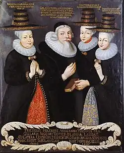 Icelandic 17th century ecclesiastical/noble costume. The women wear a proto-faldbúningur, with gold-banded hats and ruff, this is however not the oldest type.