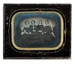 Daguerreotype of the actresses at the first Norwegian Theater, 1856. From left: Ms. Sørensen(?), Birgitte Cornelia Rojahn, Louise Brun, Janny Grip Isachsen, Fredrikke Louise Nielsen and Benedicte Hundevadt. Photo by Hans Krum. NTNU University Library.