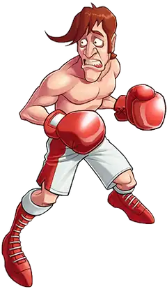 Drawing of a skinny shirtless man with red hair, red boxing gloves, and white-and-red shorts and shoes. He is looking to the left and appears worried.
