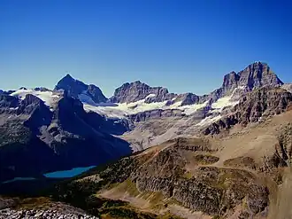 Eon Mountain to left, Aye Mountain centered, Assiniboine to right