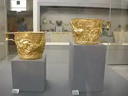 The Vaphio Cups; 1675-1410 BC; gold; height: 7.8&nbsp;cm, diameter: 10.7&nbsp;cm; from Vaphio (Laconia, Greece); National Archaeological Museum (Athens)[11]