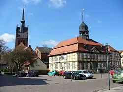 Town hall and marketplace with St. Georgs church in the background
