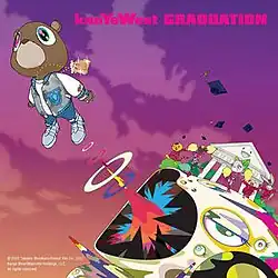The Dropout Bear being shot out the mouth of a large, abstract being against a sunset background. Various animals wearing graduation gowns dance and jump on top of the being.