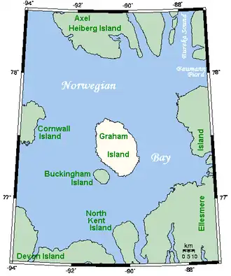Closeup view of Graham Island and Norwegian Bay.