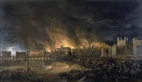 The Great Fire of London, depicted by an unknown painter (1675), as it would have appeared from a boat in the vicinity of Tower Wharf on the evening of Tuesday, 4 September 1666. To the left is London Bridge; to the right, the Tower of London. St Paul's Cathedral is in the distance, surrounded by the tallest flames.