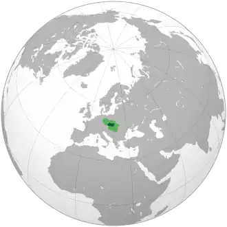 Orthographic map showing the greatest territorial extent of Great Moravia. The areas in light green were territories claimed but likely not entirely controlled by Great Moravia.