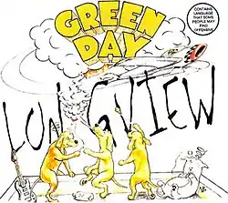 The cover depicts three dogs smoking what could be marijuana. One of them is seen throwing something. The Green Day logo with the plane and smoke, can be seen above.