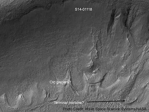 Gullies in a crater in Eridania, north of the large crater Kepler. Also, features that may be remains of old glaciers are present. One, to the right, has the shape of a tongue. Image taken with Mars Global Surveyor, under the Public Target program.