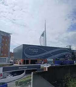 Entrance to Gunwharf Quays as seen from a train approaching Portsmouth Harbour railway station