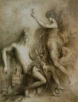 Hesiod and the Muse (1857), 42 x 33&nbsp;cm., chalk, pen, and ink, Fogg Museum