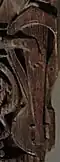 Hörpu, Scandinavian lyre, Hylestad stave church in Norway, late 12th-early 13th century A.D. Beneath brige is possible bar tailpiece (anchored to bottom of lyre).