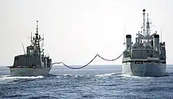Royal Canadian Navy Frigate HMCS&nbsp;Regina being refueled by AOR HMCS&nbsp;Protecteur in the Pacific Ocean, 2013