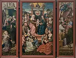 Master of Frankfurt, St. Anne Altarpiece, circa 1505, 126&nbsp;cm ×&nbsp;212&nbsp;cm (50&nbsp;in ×&nbsp;83&nbsp;in), Historical museum, Frankfurt. Created ca. 1505 for the Monastery of the Dominican Order in Frankfurt.