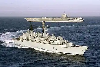 Naval blockade by British frigate HMS&nbsp;Cumberland (here pictured with USS&nbsp;Dwight D. Eisenhower in view)