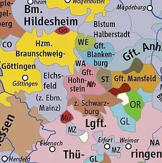 Principality of Brunswick-Göttingen (yellow), c. 1400