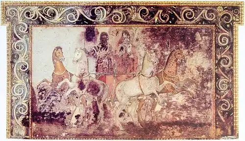Hades and Persephone, c. 340 BC, pigments on marble, Museum of the Royal Tombs of Aigai, Vergina, Greece[12]