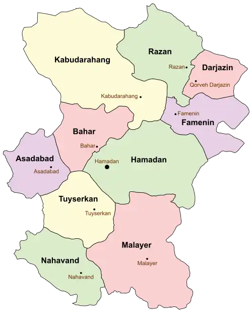 Location of Bahar County in&nbsp;Hamadan&nbsp;province (center, pink)
