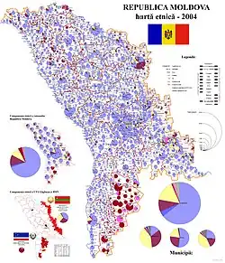 Ethnic composition of the Republic of Moldova according to the 2004 census; self-reported Moldovans in blue/purple
