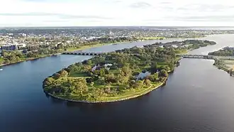 Drone shot of Heirisson Island in the Swan River connected by the Causeway to the East Perth and Victoria Park foreshores