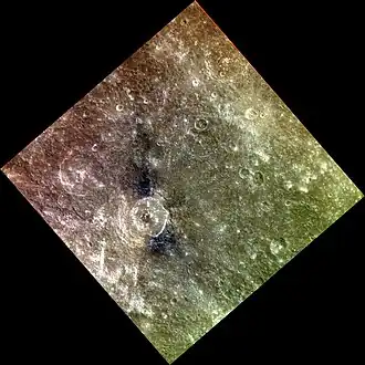 Approximate color view by MESSENGER, with Hitomaro near center.
