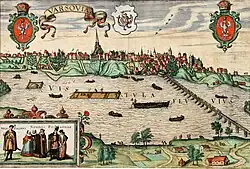 Vistula River in Warsaw near the end of the 16th century. The right side shows the Sigismund Augustus bridge built 1568–1573 by Erazm Cziotko (c.&nbsp;500&nbsp;m (1,600&nbsp;ft) long).[41]