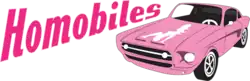 Homobiles logo depicting the word "Homobiles" next to a pink car with a white silhouette on its hood